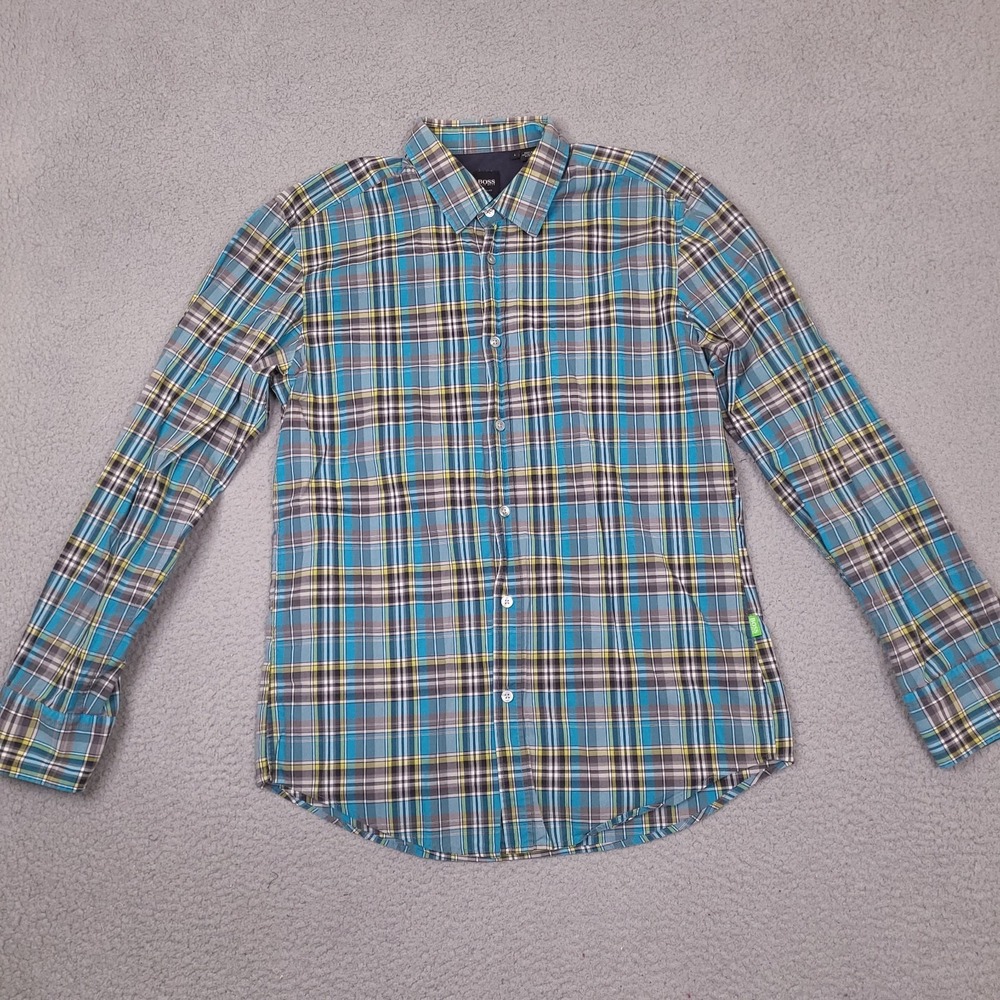 Hugo Boss Shirt Mens Large Blue‎ Plaid Slim Fit Ronny Button Business Casual